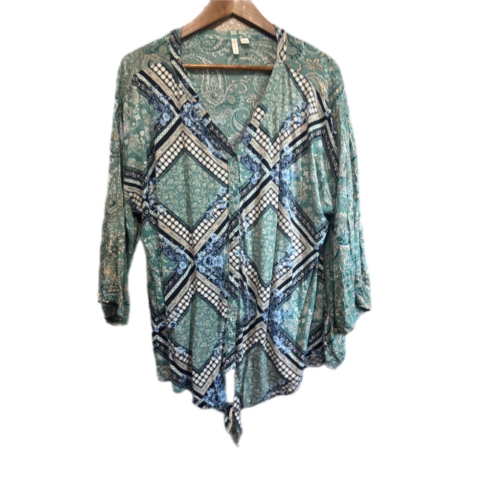 Cato Button Front Top Womens‎ 18/20W Teal Blue Paisley Tie Front Excellent